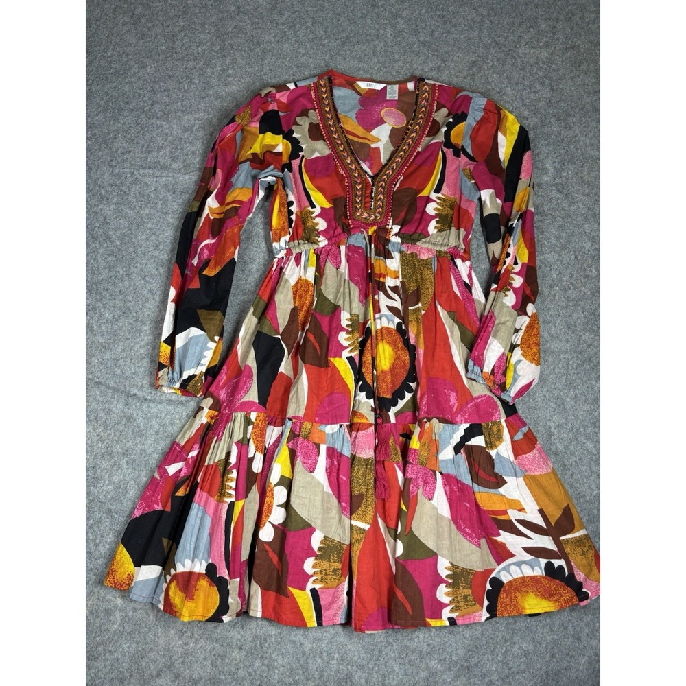 Kactus Women's S Abstract Artsy Floral Ruffle Puff Sleeve Tiered Dress Boho